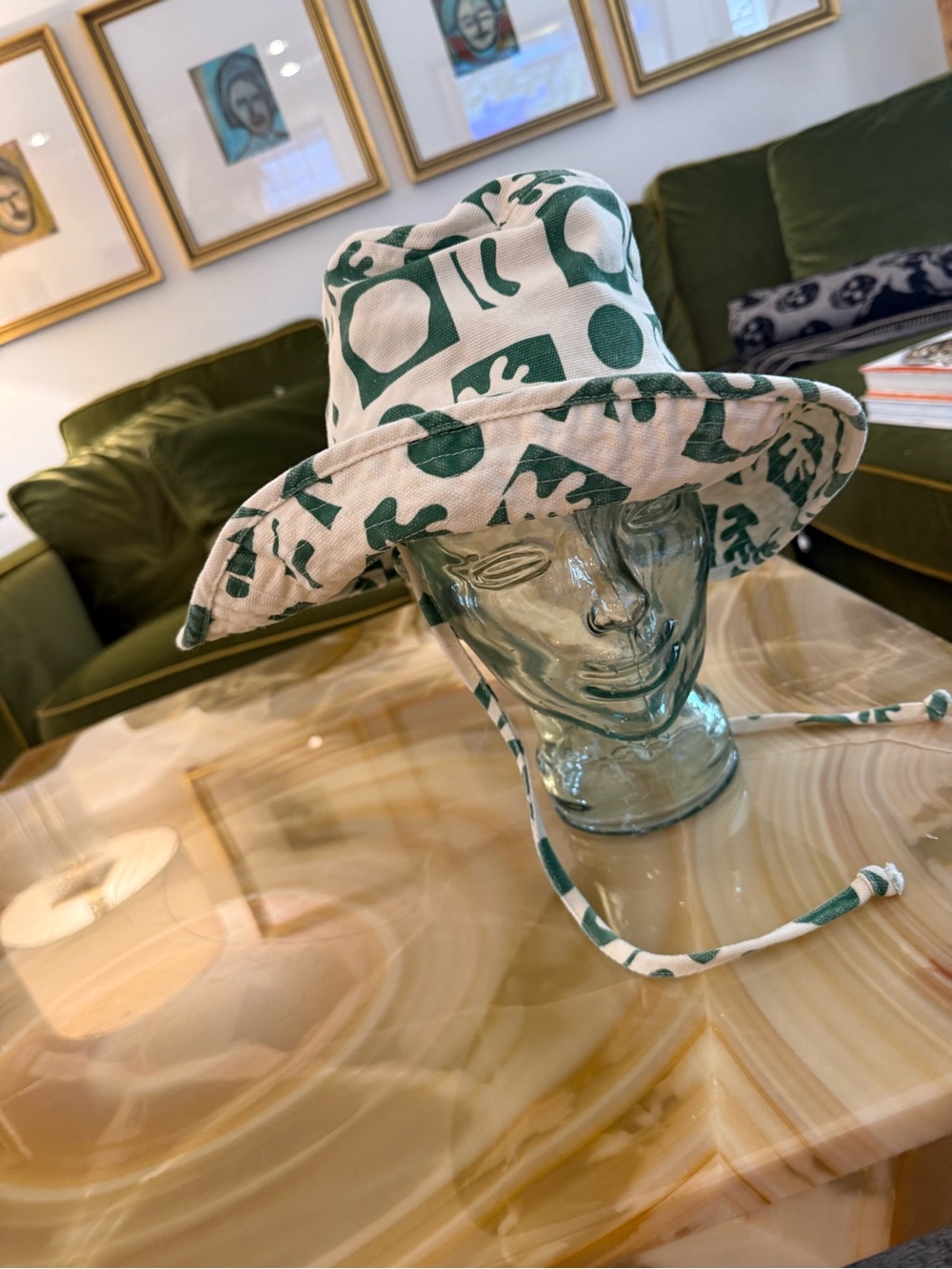 Lack of color - Green & White Printed Bucket Hat with Chin Tie